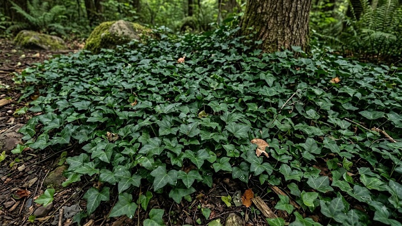 Dense mat of glossy English ivy foliage spreading across shady ground