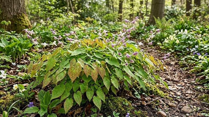 Epimedium plant featuring heart-shaped leaves with subtle markings and delicate spring flowers