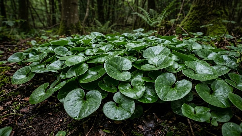 Overlapping, rounded glossy dark green leaves of European wild ginger spreading low to the ground
