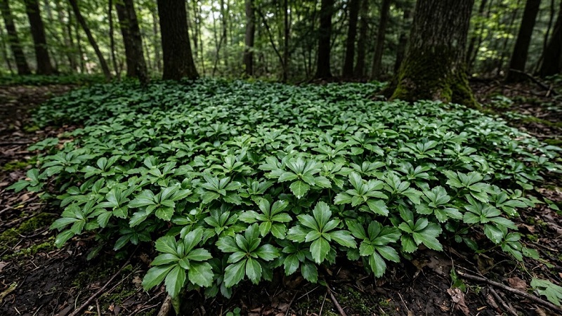 Dense carpet of Japanese pachysandra featuring glossy, dark green leaves with toothy edges growing under tree shade