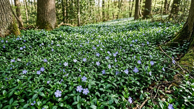 Dense carpet of glossy dark green periwinkle leaves dotted with small blue-violet flowers