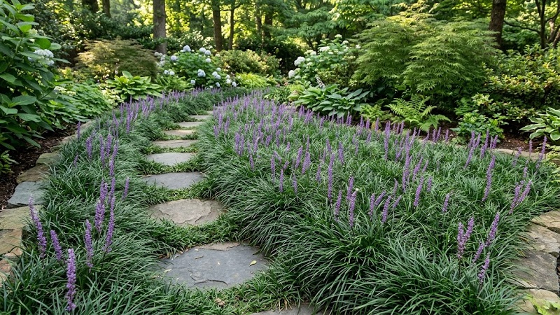 Dense tufts of grass-like lilyturf foliage with spikes of purple flowers blooming in a garden