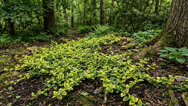 Variegated green and yellow wintercreeper foliage spreading across a shady garden bed