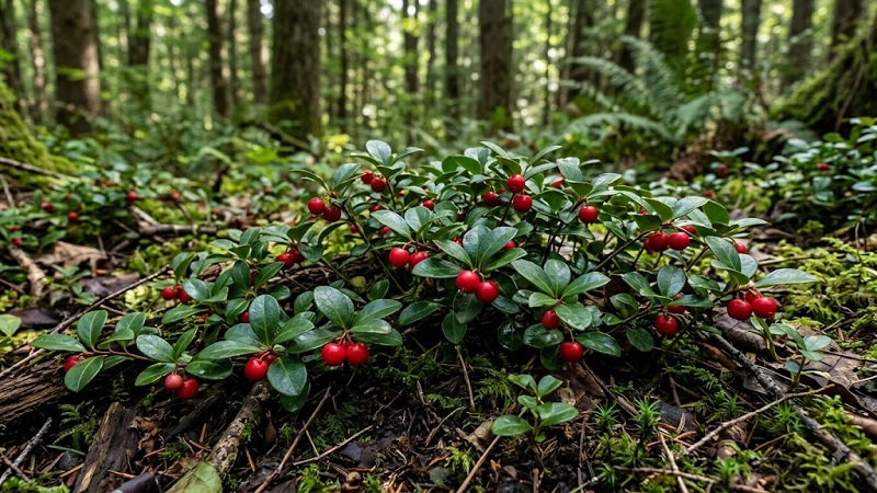 Low-growing wintergreen plant with shiny green leaves and vibrant red berries