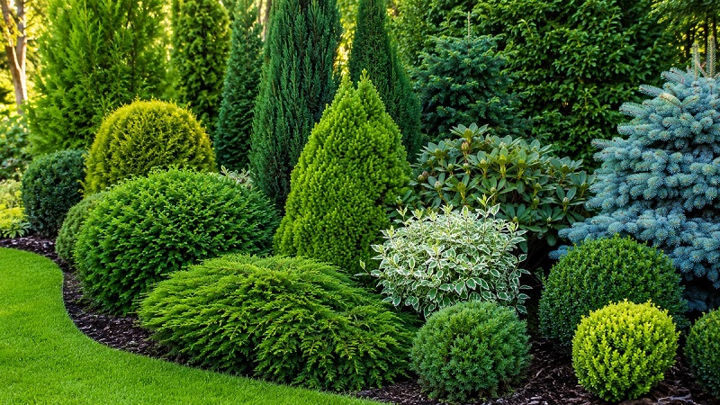 Evergreen shrubs with lush green foliage growing in a well-designed garden landscape