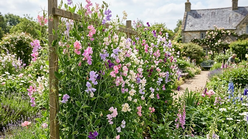 Fragrant sweet pea blossoms blooming in shades of pink, purple, and pastel colors on tendril-covered vines