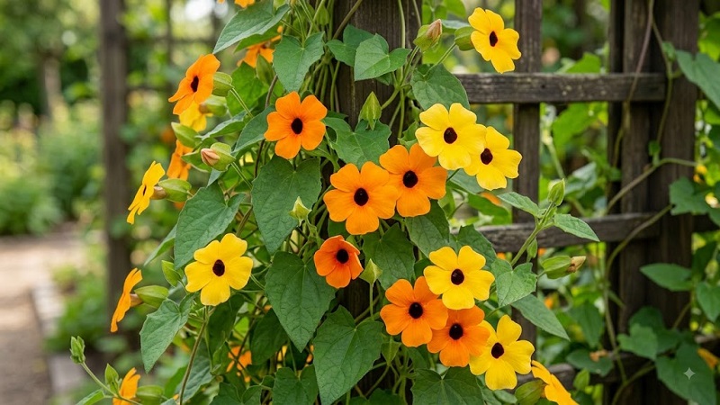 Bright orange and yellow black-eyed Susan vine flowers featuring dark central centers amidst green foliage
