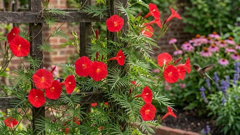 Bright scarlet-red trumpet flowers blooming on a cardinal climber vine with fern-like foliage