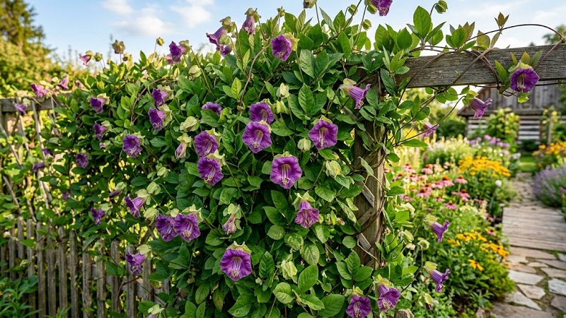 Large bell-shaped purple cup-and-saucer vine flowers with prominent greenish saucers among leafy foliage