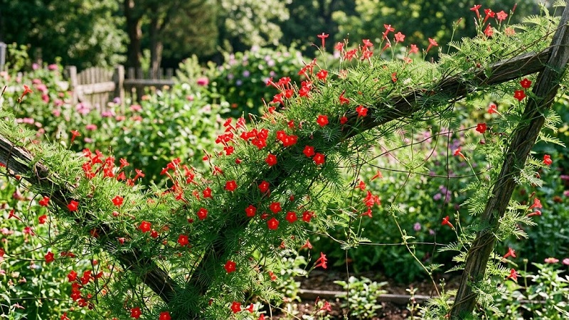 Vibrant red tubular flowers blooming on a cypress vine with delicate, feathery foliage