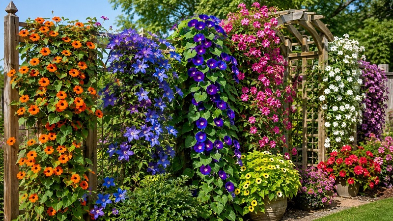 Fast-growing annual vines for quick summer color growing on trellises and garden supports with colorful summer flowers and lush foliage