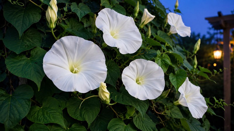 Large white moonflower blooms glowing against dark green foliage on a climbing vine
