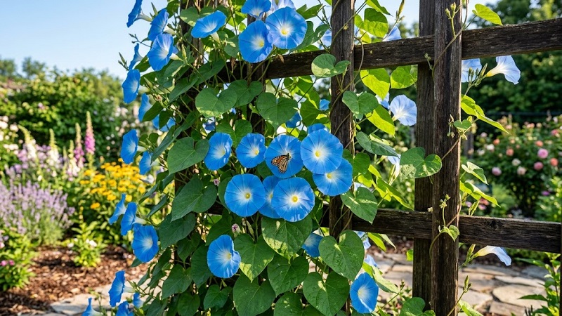 Vibrant trumpet-shaped morning glory flowers blooming on a vine with heart-shaped leaves