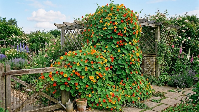 Bright orange, yellow, and red nasturtium flowers nestled among round, shield-shaped green leaves