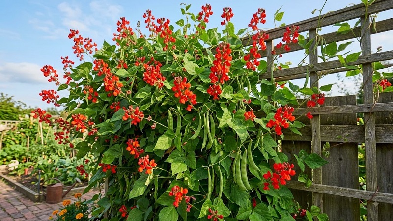 Vibrant scarlet-red flower clusters blooming on a climbing runner bean vine with lush green foliage