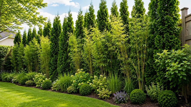A lush garden privacy screen made from fast-growing trees and shrubs