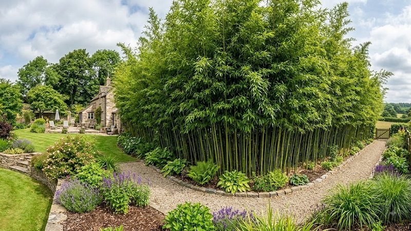 Fast-growing bamboo with tall green canes and dense foliage forming a lush privacy screen in a garden