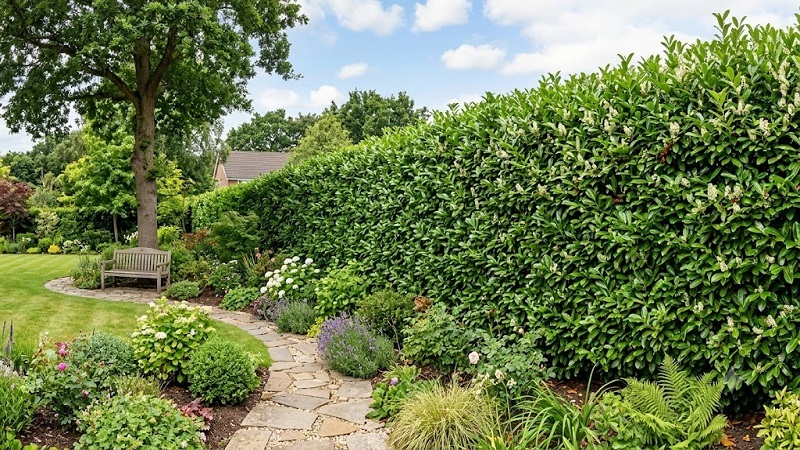 Dense cherry laurel hedge with glossy green leaves forming a lush garden privacy screen