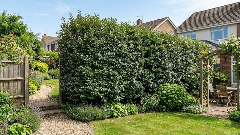 Dense Elaeagnus shrubs growing as a tall evergreen privacy screen in a garden