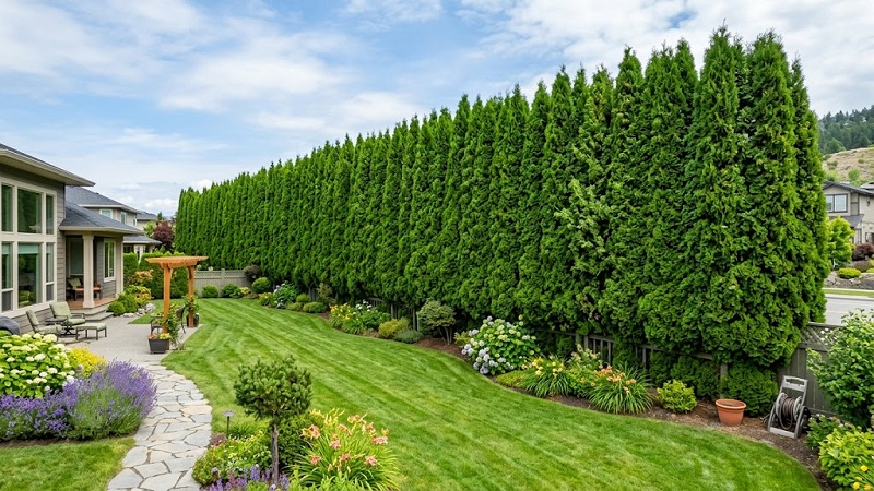 Green Giant arborvitae trees growing in a dense row to form a tall green privacy screen