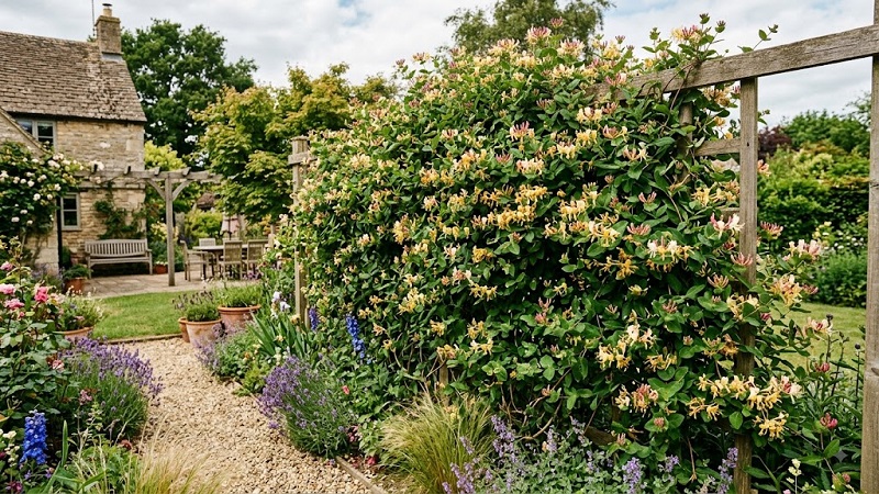 Honeysuckle vine growing over a trellis to create a flowering vertical privacy screen