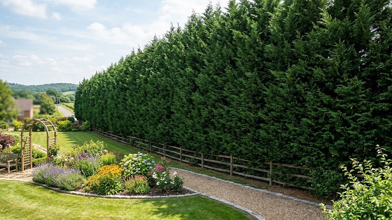 Leyland cypress trees growing in a dense row to create a tall evergreen privacy screen