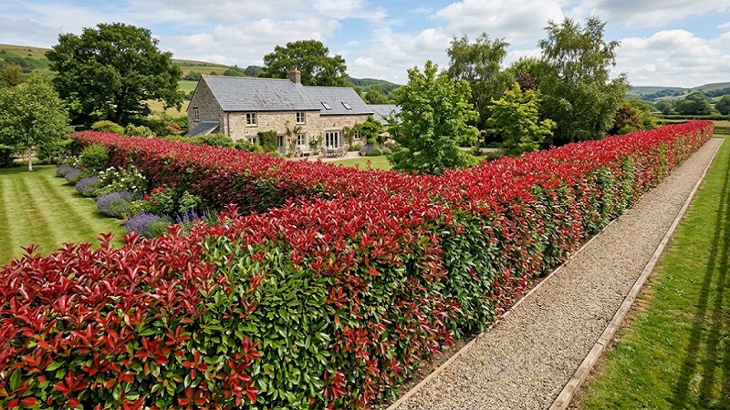 Dense Photinia hedge with bright red new foliage creating a colorful garden privacy screen
