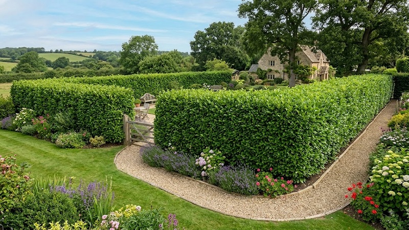 Dense privet hedge with lush green foliage forming a neat privacy screen