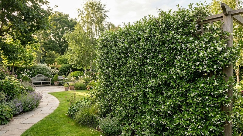 Star jasmine trained on a trellis to create a dense green vertical privacy screen
