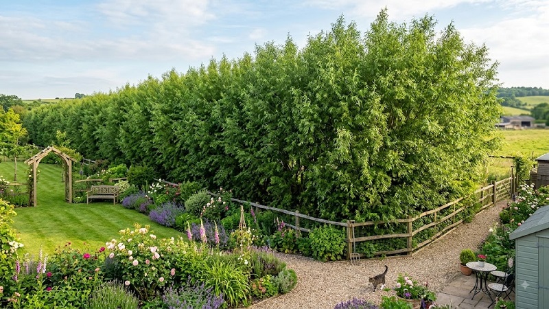 Fast-growing willow trees forming a tall green privacy screen in a garden