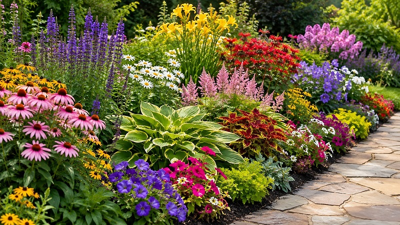 Vibrant flower bed filled with colorful perennial flowers, annuals, and lush green foliage along a garden path