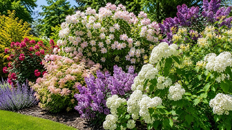Fragrant flowering shrubs in full bloom in a sunny garden border