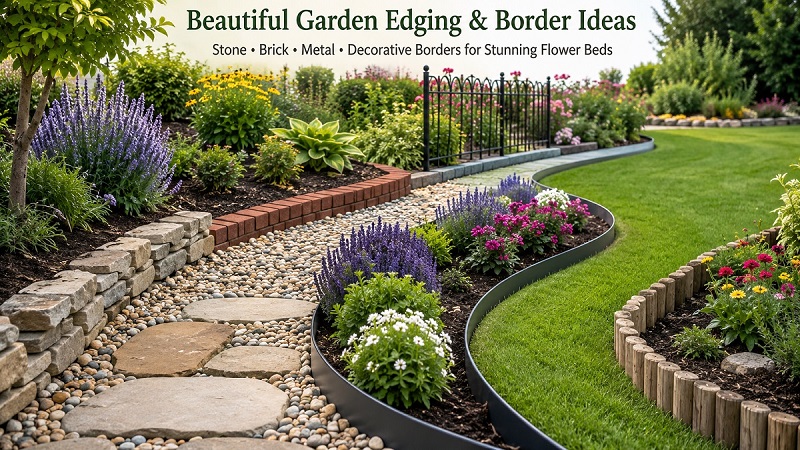 Beautiful garden edging and border ideas featuring stone, brick, metal, and decorative flower bed borders in a landscaped garden