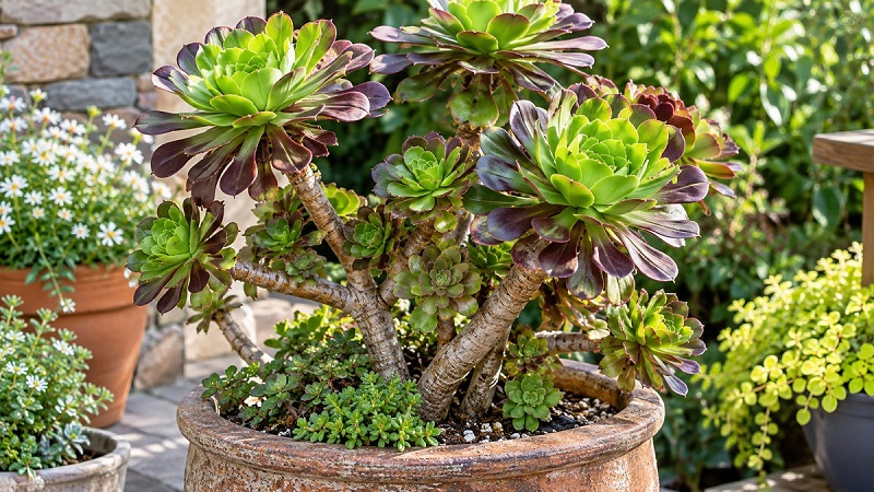 Aeonium with fleshy rosettes and branching stems growing in a container garden