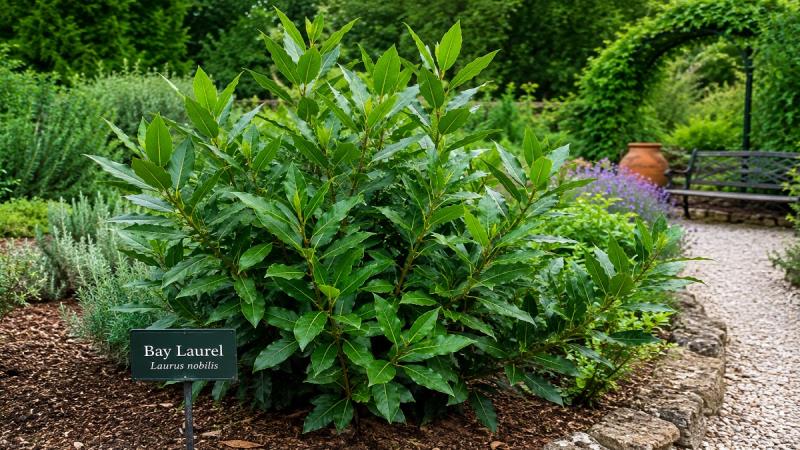 Healthy Bay Laurel plant with glossy green aromatic leaves growing in a garden