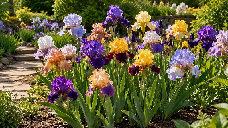 Healthy Bearded Iris (Iris germanica) with colorful purple blooms growing in a sunny garden border