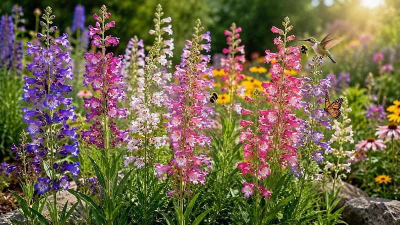 Healthy Beardtongue (Penstemon) plants with colorful tubular flowers blooming in a sunny pollinator garden