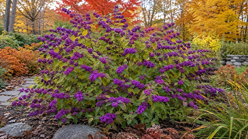 Healthy Beautyberry (Callicarpa) shrub covered with vibrant purple berry clusters growing in an autumn garden landscape