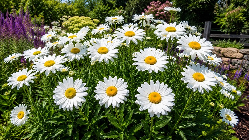 Healthy 'Becky' Shasta Daisy (Leucanthemum × superbum) with large white flowers and golden-yellow centers blooming in a sunny perennial garden
