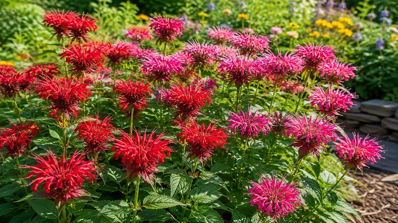Healthy Bee Balm (Monarda) plants with vibrant red and pink flowers blooming in a sunny pollinator garden, attracting bees, butterflies, and hummingbirds