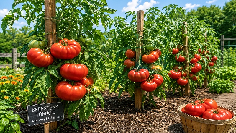 Healthy Beefsteak Tomato plants producing large ripe red tomatoes supported by sturdy stakes in a sunny vegetable garden