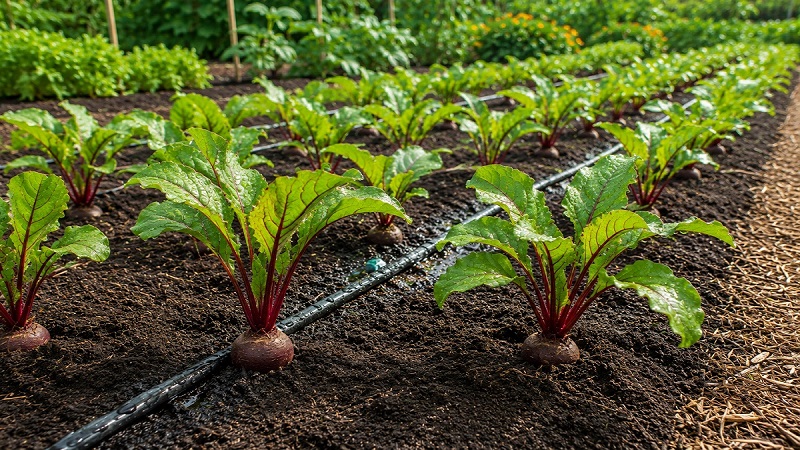 Row of neat, young green beet plants growing in organized garden rows with a light layer of straw straw mulch protecting the surrounding damp earth