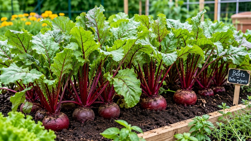 Healthy beet plants (Beta vulgaris) growing in rich garden soil with vibrant green leaves and developing red roots in a sunny vegetable garden