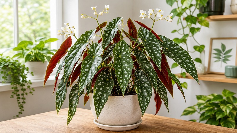 Healthy Begonia maculata (Polka Dot Begonia) with silver-spotted green leaves, burgundy undersides, and delicate white flowers growing indoors in bright indirect light