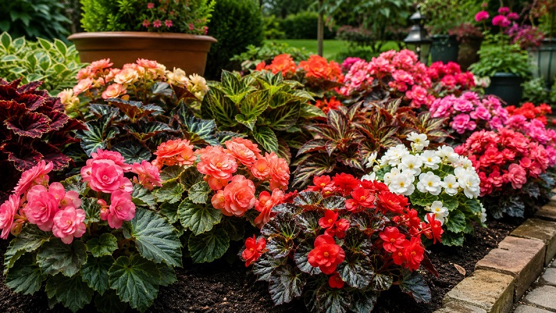 Healthy begonias (Begonia spp.) with colorful flowers and lush ornamental foliage growing in containers and a shaded garden
