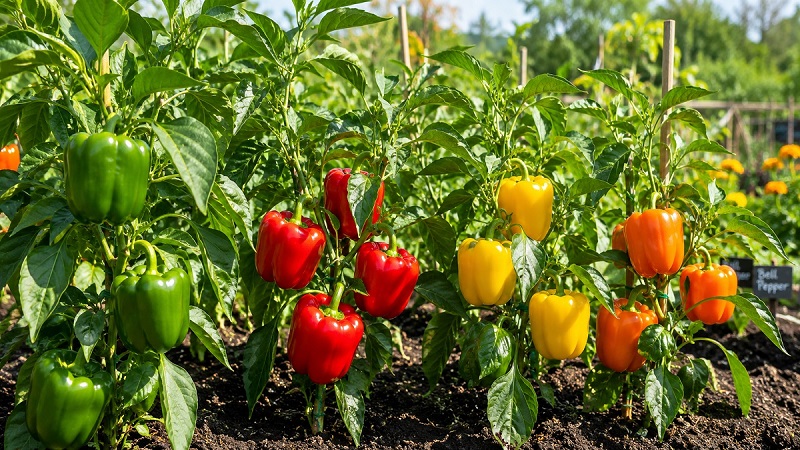 Healthy bell pepper plants (Capsicum annuum) producing glossy green, red, yellow, and orange peppers in a sunny vegetable garden