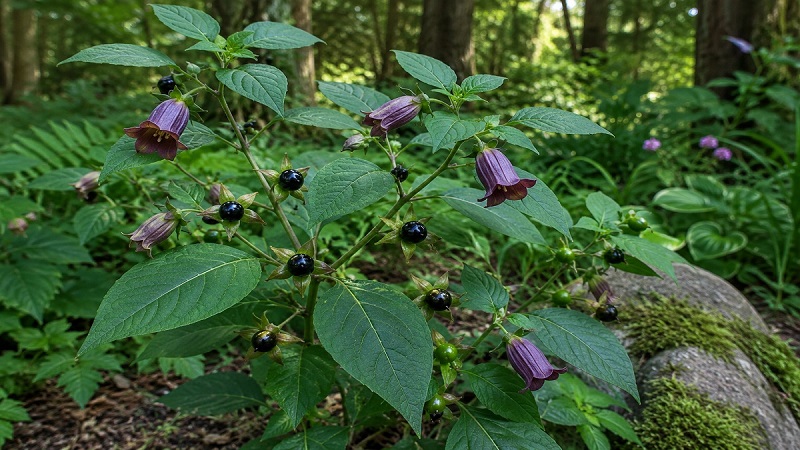 Healthy Belladonna (Atropa belladonna) plant with purple bell-shaped flowers and glossy black berries growing in a shaded woodland garden
