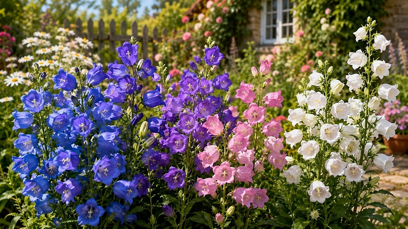 Healthy bellflowers (Campanula) blooming with vibrant blue, purple, pink, and white bell-shaped flowers in a sunny cottage garden