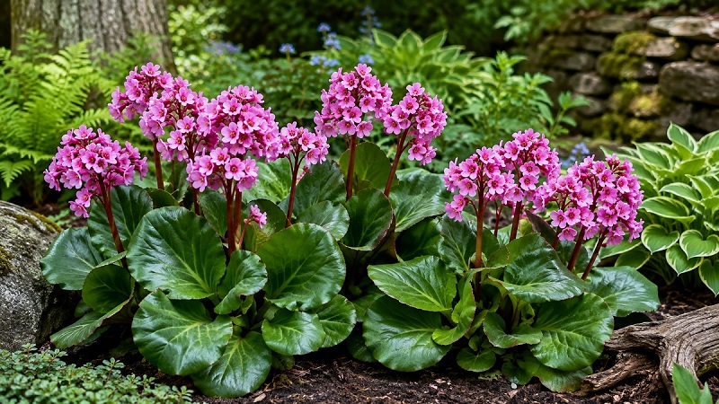 Healthy Bergenia (Pigsqueak) plants with glossy evergreen leaves and clusters of vibrant pink spring flowers growing in a shaded garden border