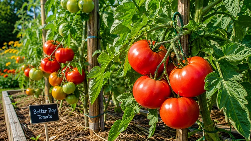 Healthy Better Boy tomato plants growing on sturdy stakes with clusters of large ripe red tomatoes in a sunny vegetable garden
